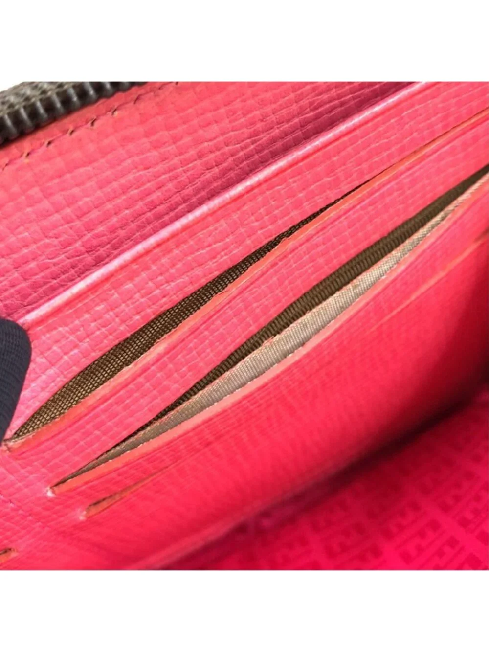 Fendi Zucca Pattern Zip Around Leather Pink Brown Wallet Gold